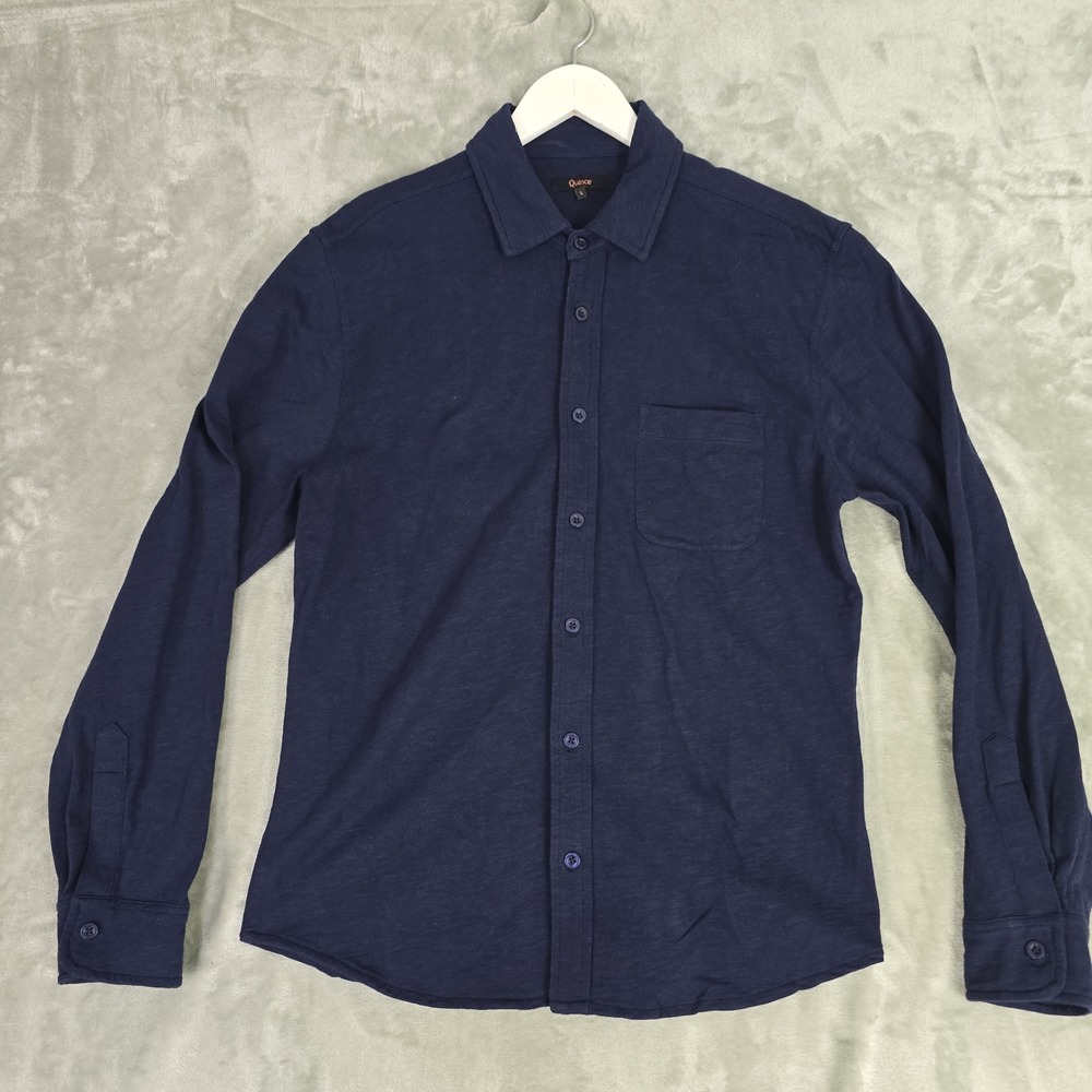 Quince Mens Organic Cotton‎ Stretch Selvedge Button Up Shirt Large Blue
